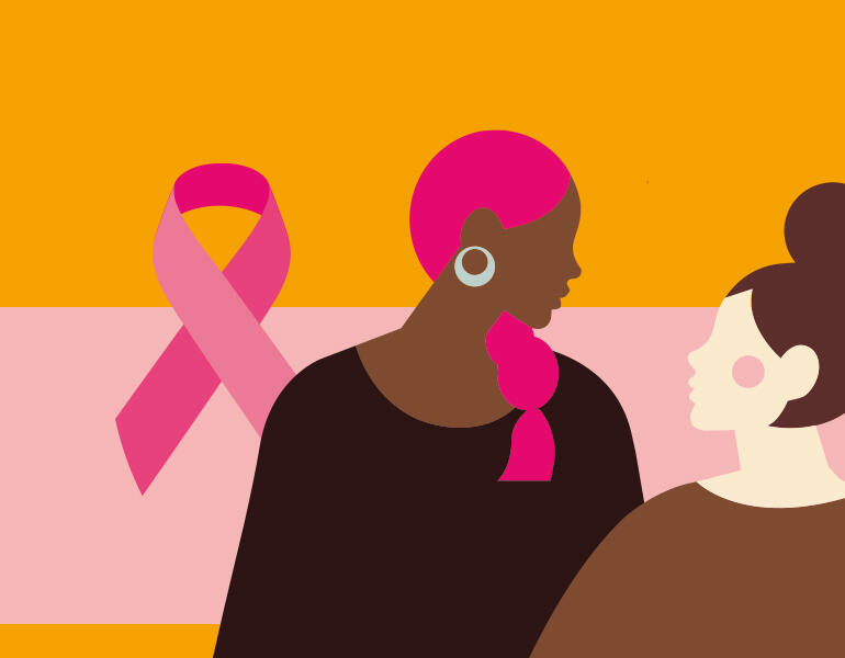 An illustration of two women with a breast cancer ribbon - campaign for Breast Cancer Awareness Month